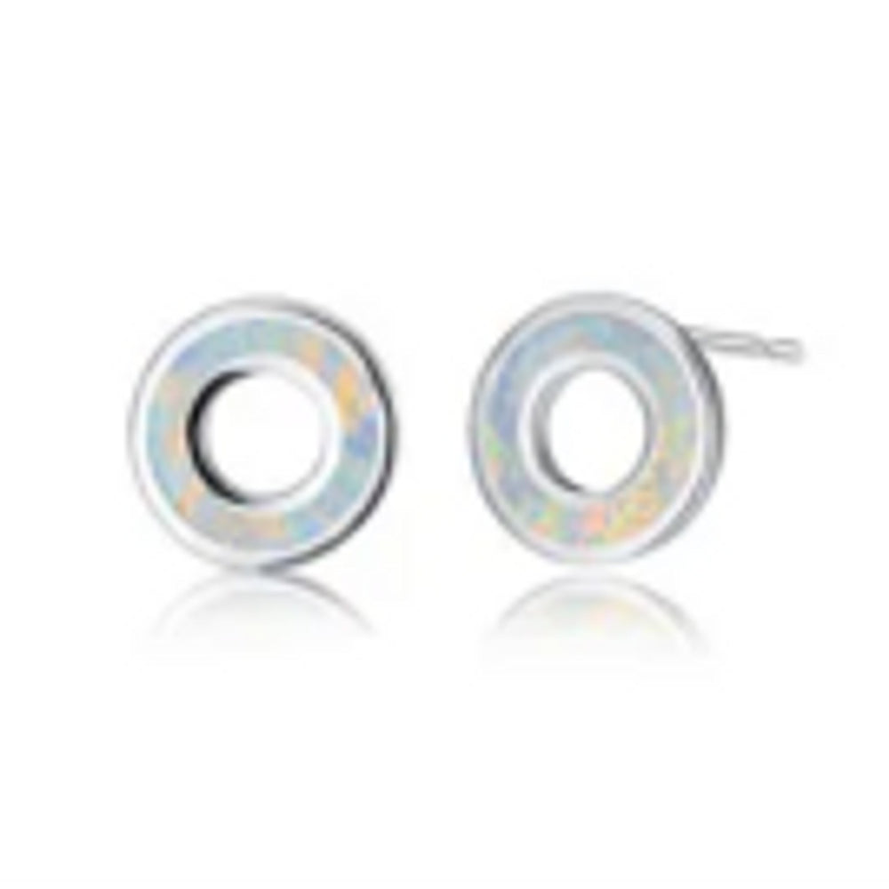 Silver-Tone White Simulated Opal Circle Stud Earrings