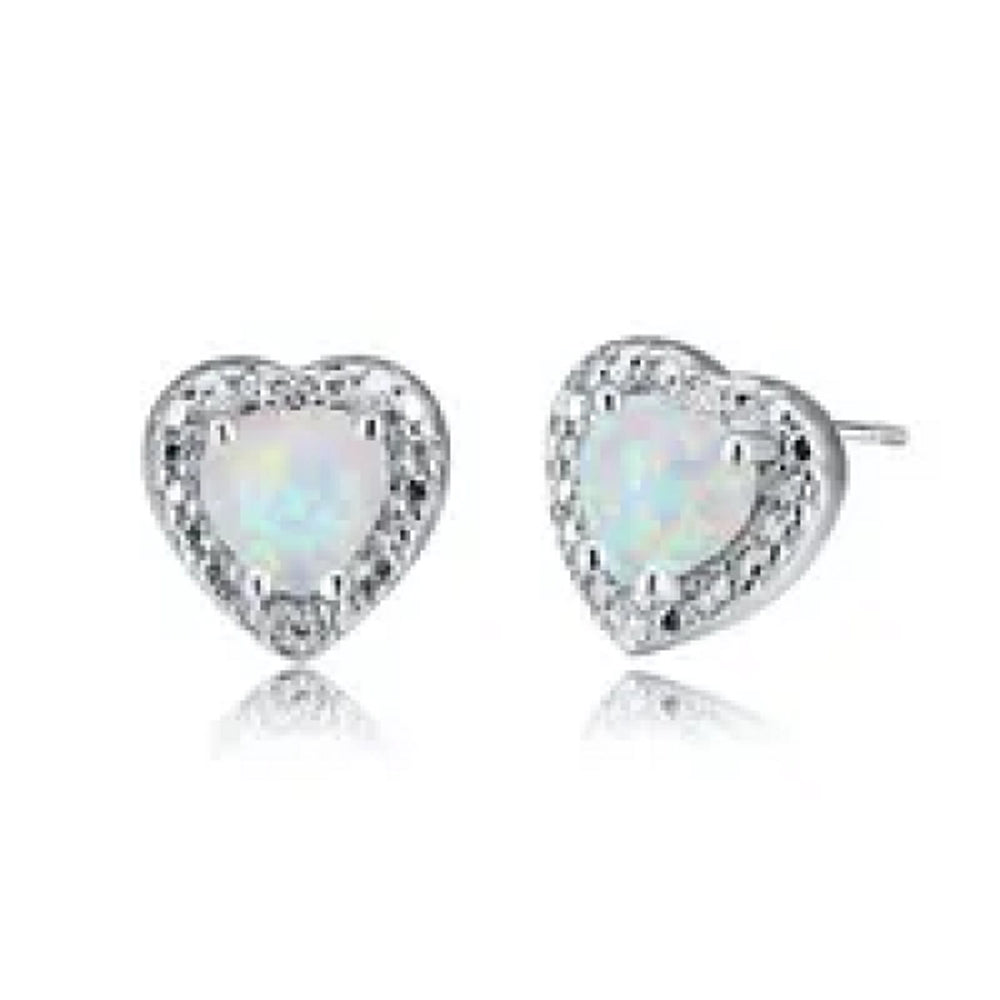 Silver-Tone White Heart Simulated Opal Stud Earrings