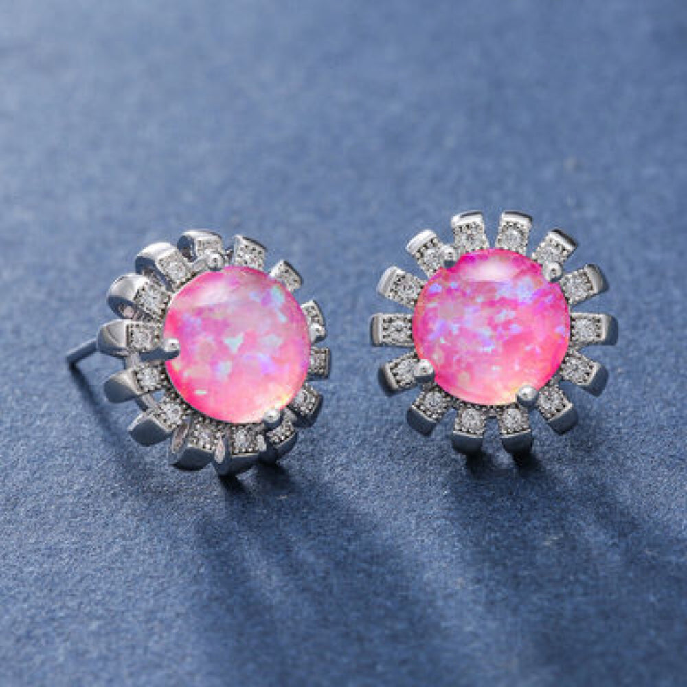Silver-Tone Pink Simulated Opal Sunburst Halo Stud Earrings