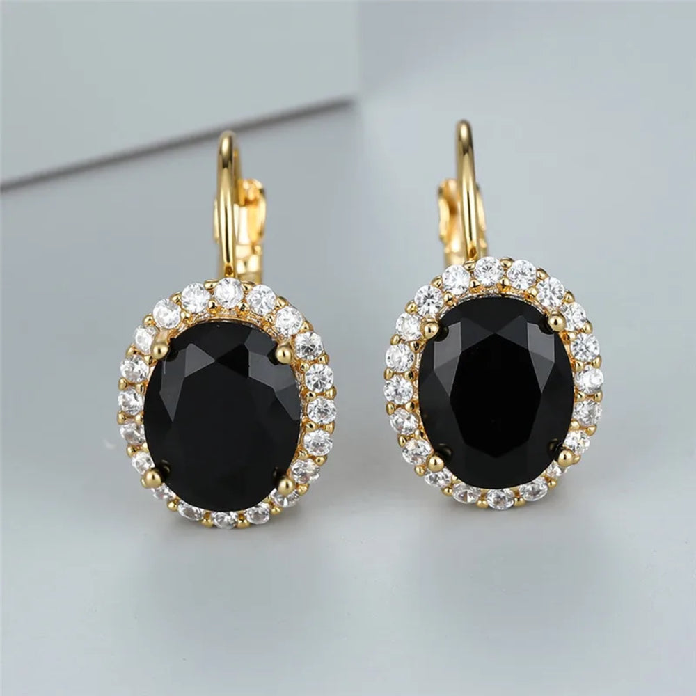 Gold-Tone Oval Black Crystal White Halo Drop Earrings