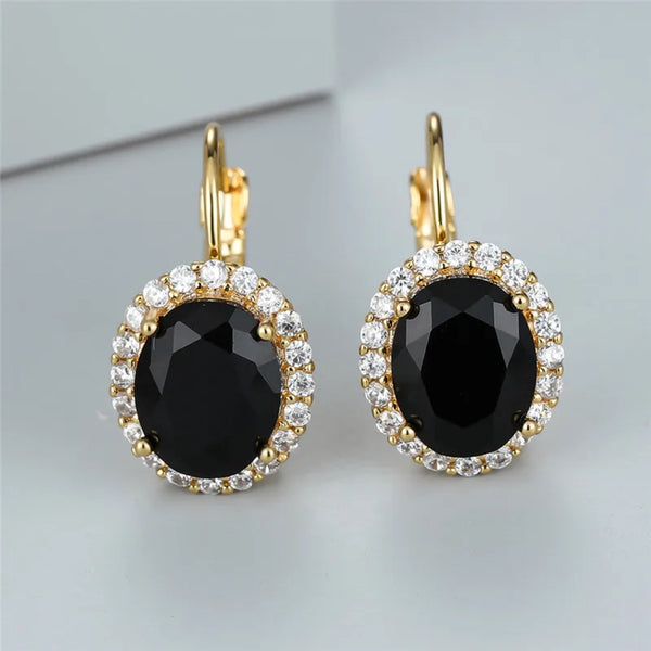 Gold-Tone Oval Black Crystal White Halo Drop Earrings
