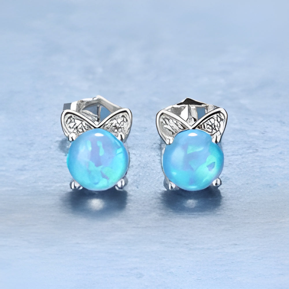 Silver-Tone Blue Simulated Opal Cat Face Crystal Stud Earrings