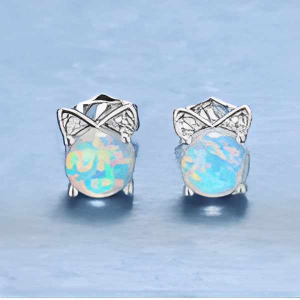 Silver-Tone White Simulated Opal Cute Kitty Cat Stud Earrings