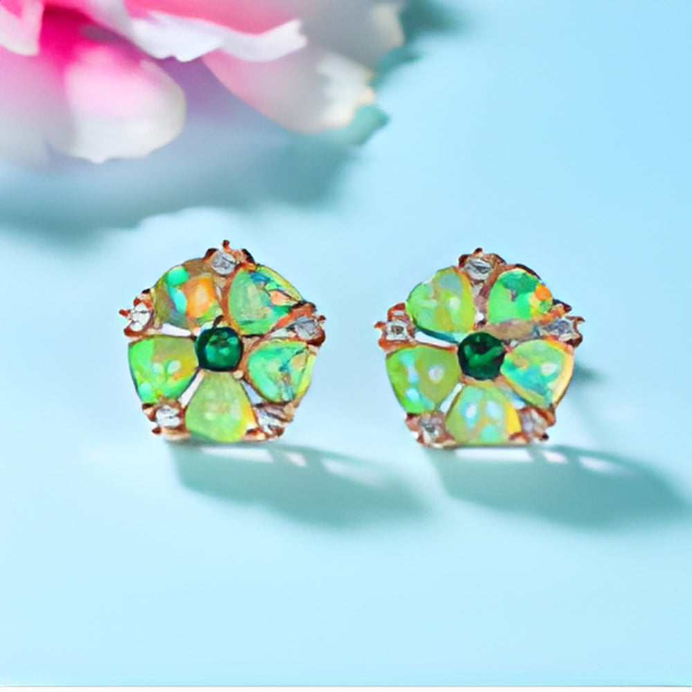 Rose Gold-Tone Green Simulated Opal Flower Stud Earrings With Green Crystals