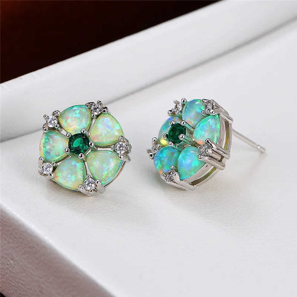 Silver-Tone Green Simulated Opal Five-Petal Flower Stud Earrings