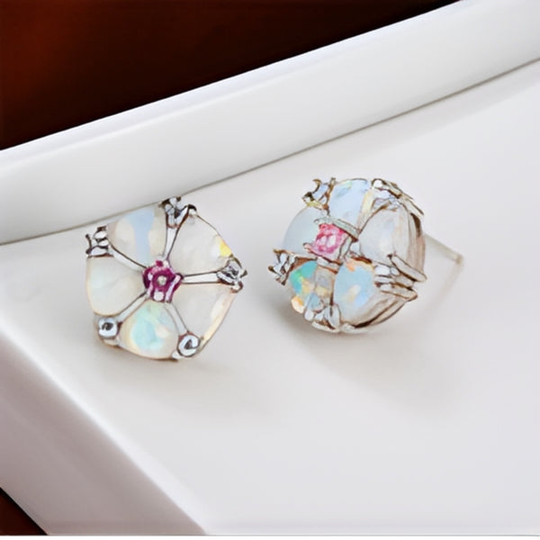 Silver-Tone White Simulated Opal & Pink Crystal Flower Stud Earrings