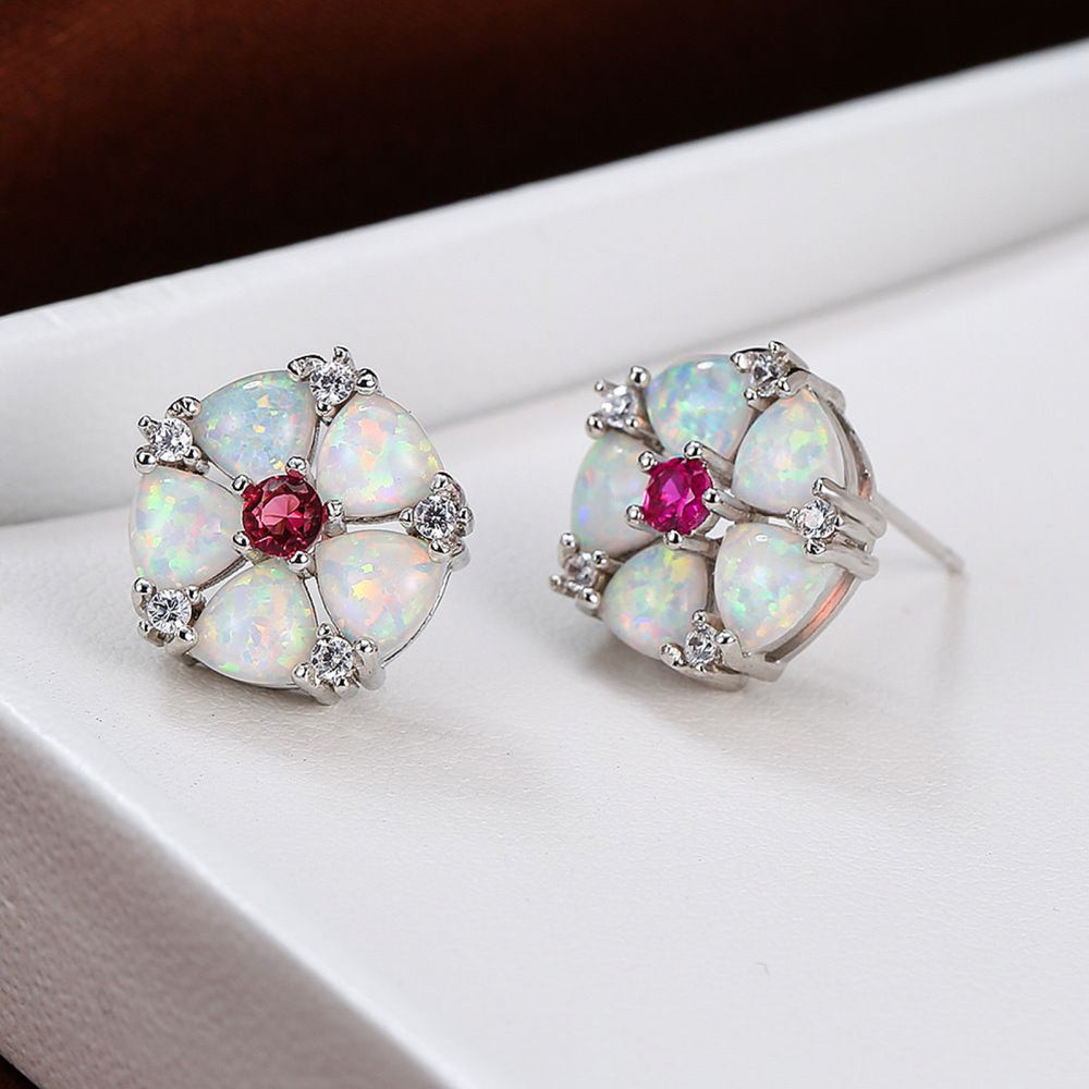 Silver-Tone White Simulated Opal & Rose-Red Crystal Flower Stud Earrings