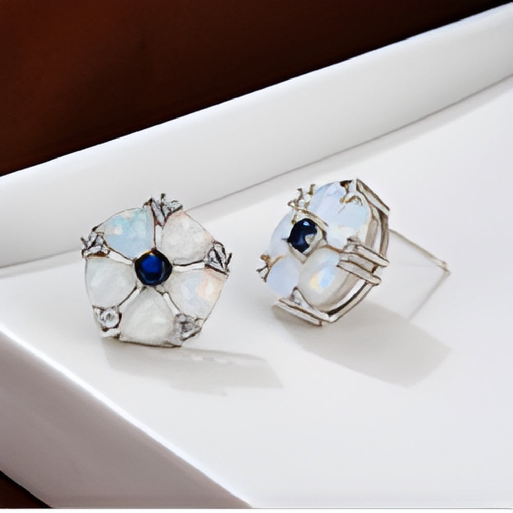 Silver-Tone White Simulated Opal Flower Blue Crystal Stud Earrings