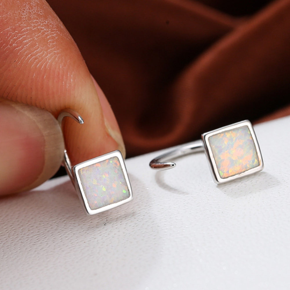Silver-Tone White Square Simulated Opal Drop Earrings