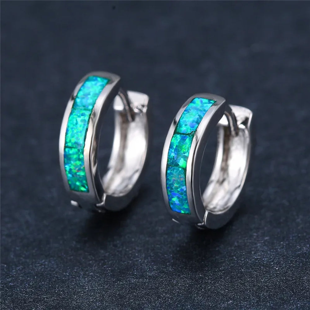 Silver-Tone Green Simulated Opal Inlay Huggie Hoop Earrings