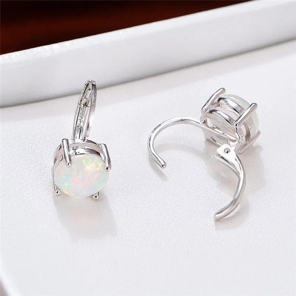 Silver-Tone Round White Simulated Opal Four-Prong Huggie Earrings