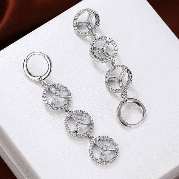 Silver-Tone White Crystal Circle Link Long Drop Earrings