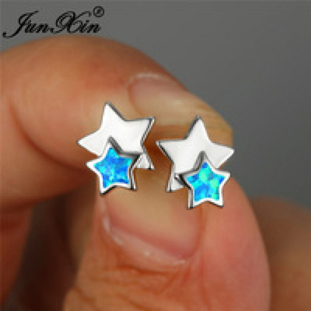 Silver-Tone Blue Simulated Opal Star Stud Earrings