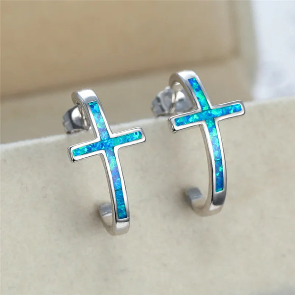 Silver-Tone Blue Simulated Opal Inlaid Cross Half Hoop Earrings