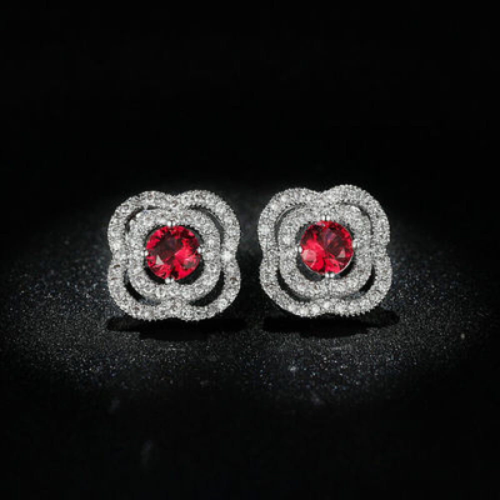 Silver-Tone Rose-Red Crystal Clover Halo Stud Earrings