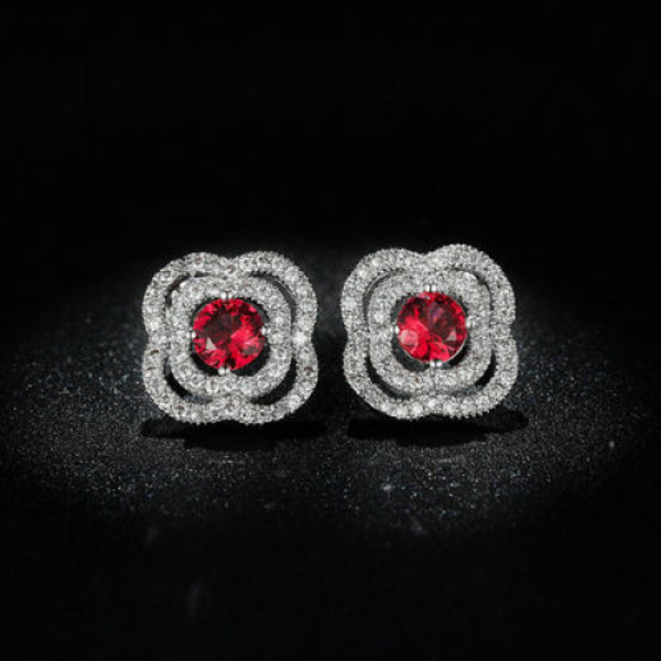 Silver-Tone Rose-Red Crystal Clover Halo Stud Earrings