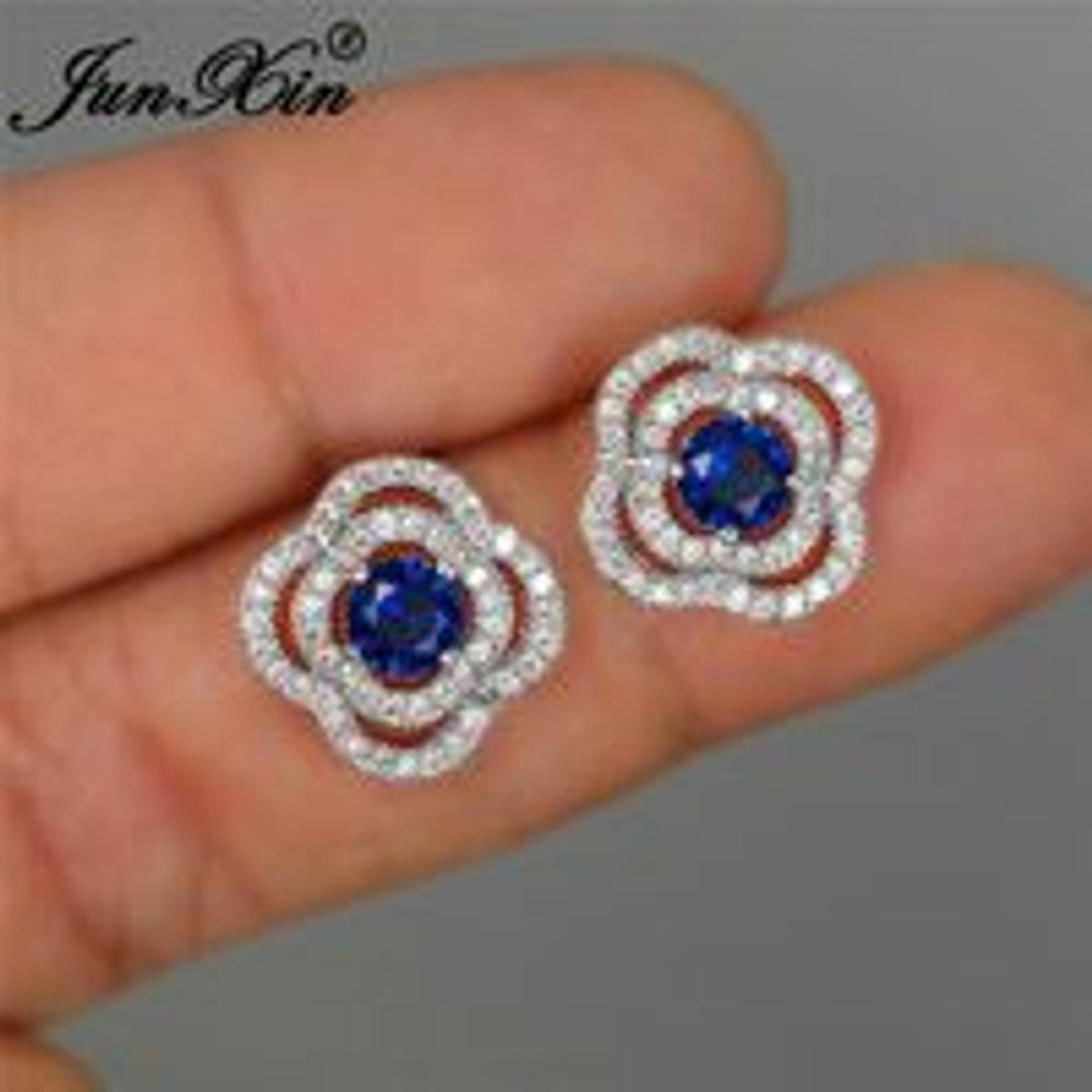 Silver-Tone Royal Blue Crystal Four-Leaf Clover Stud Earrings