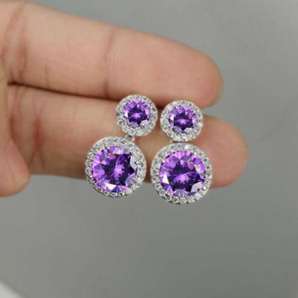 Silver-Tone Purple Crystal Graduated Double Round Halo Stud Earrings