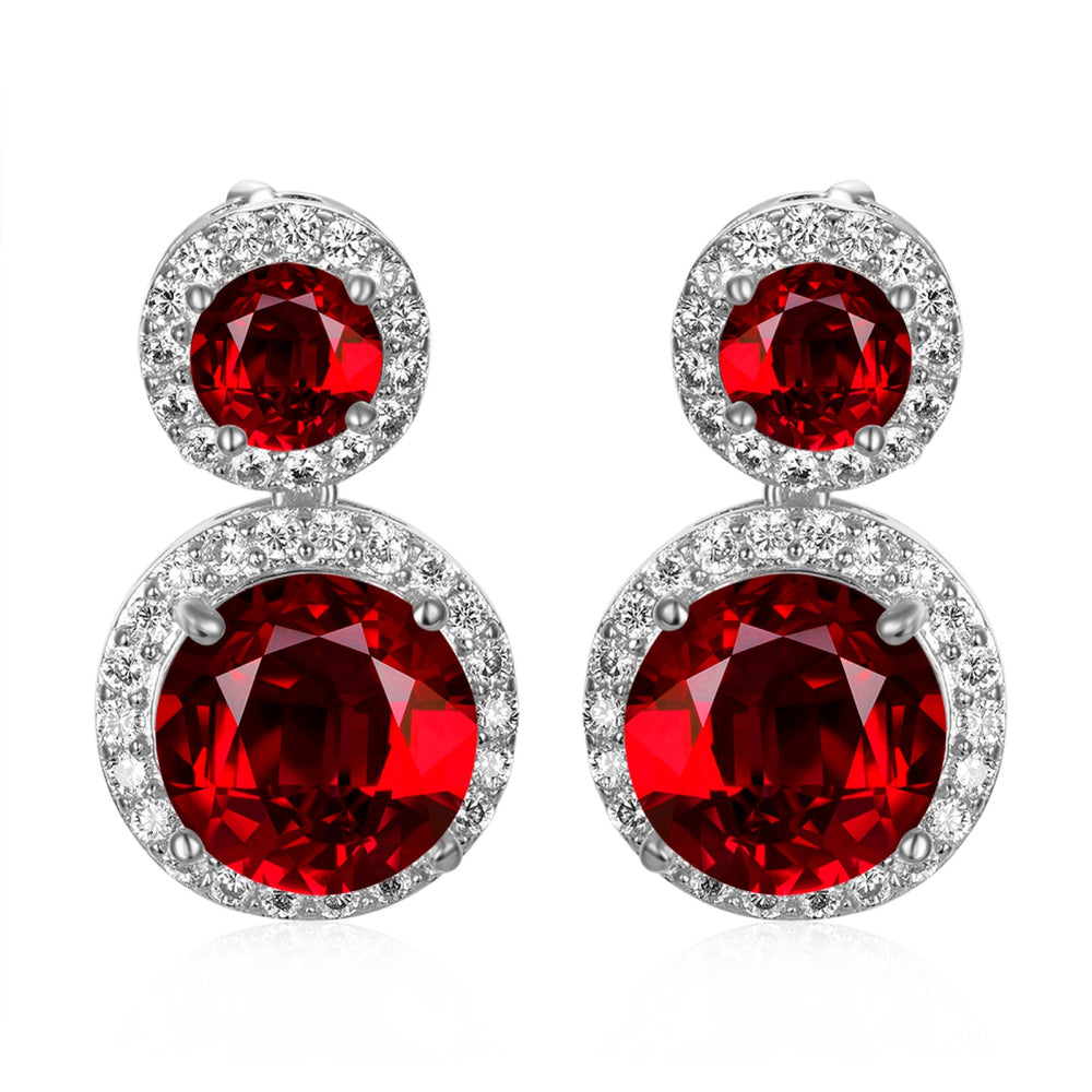 Silver-Tone Red Crystal Double Round Halo Stud Earrings