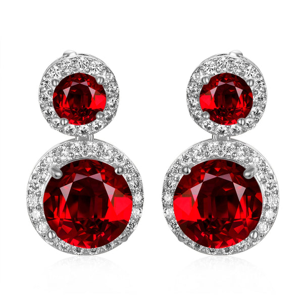 Silver-Tone Red Crystal Double Round Halo Stud Earrings
