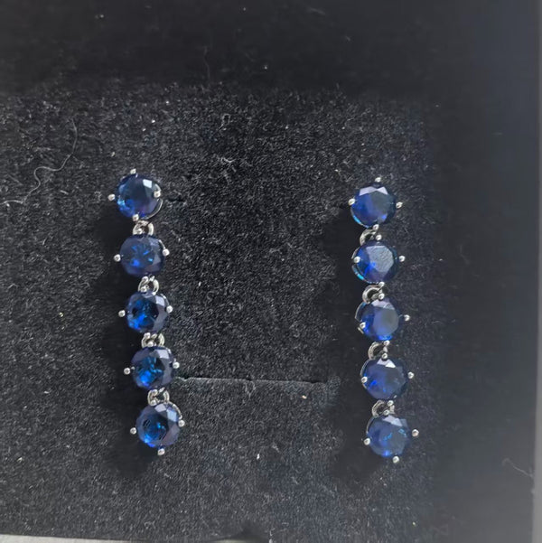 Silver-Tone Sapphire-Blue Crystal Five-Stone Linear Drop Earrings