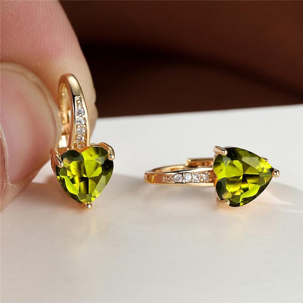 Rose Gold-Tone Olive Green Crystal Heart Huggie Earrings
