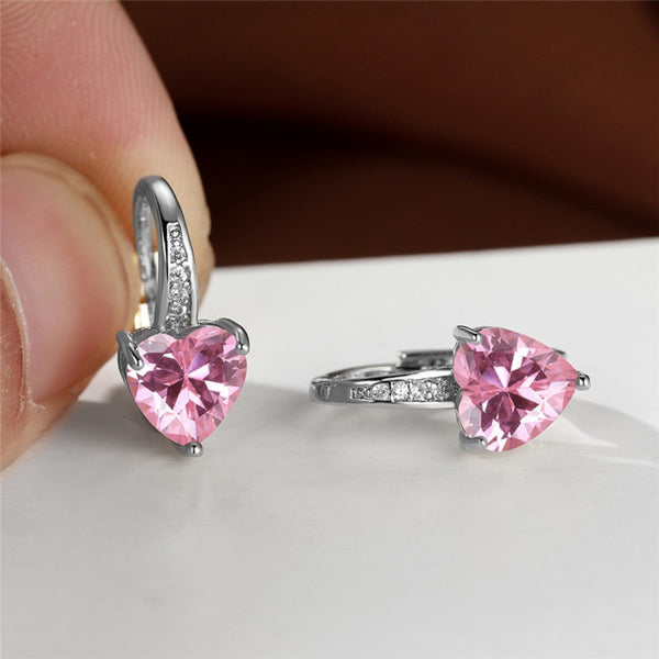 Silver-Tone Pink Heart Crystal Huggie Hoop Earrings