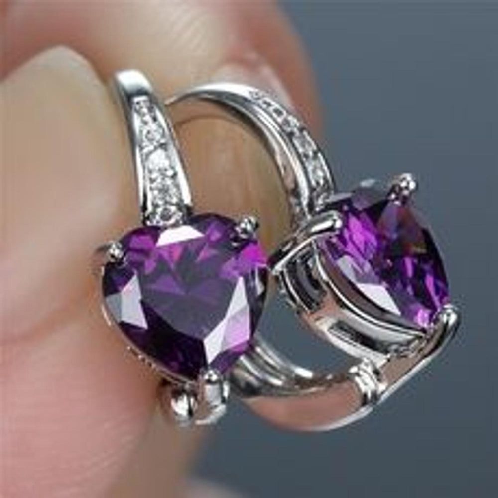 Silver-Tone Purple Crystal Heart Huggie Earrings
