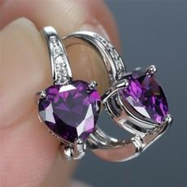 Silver-Tone Purple Crystal Heart Huggie Earrings
