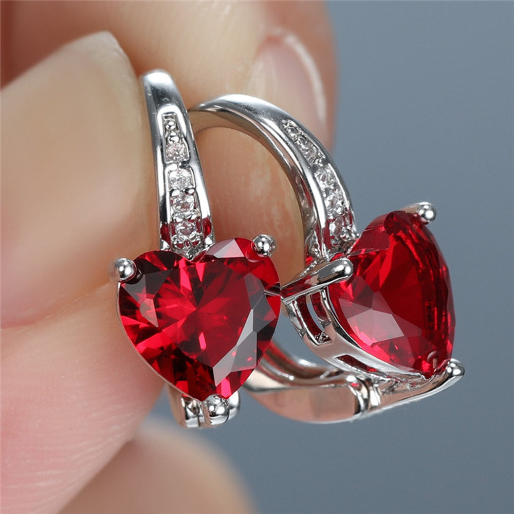 Silver-Tone Red Crystal Heart Huggie Earrings