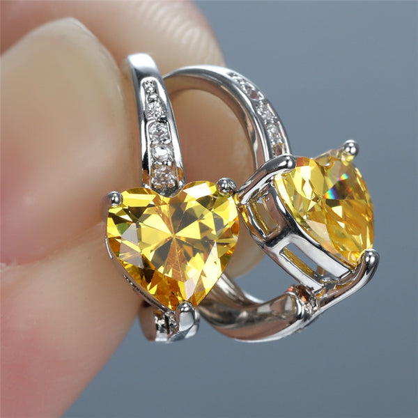 Silver-Tone Yellow Heart Crystal Huggie Hoop Earrings