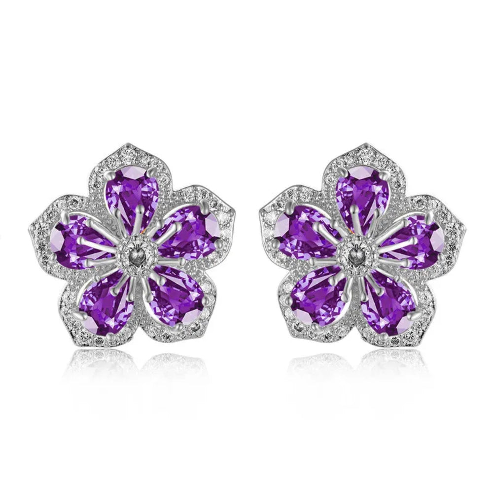 Silver-Tone Purple Crystal Five-Petal Flower Stud Earrings