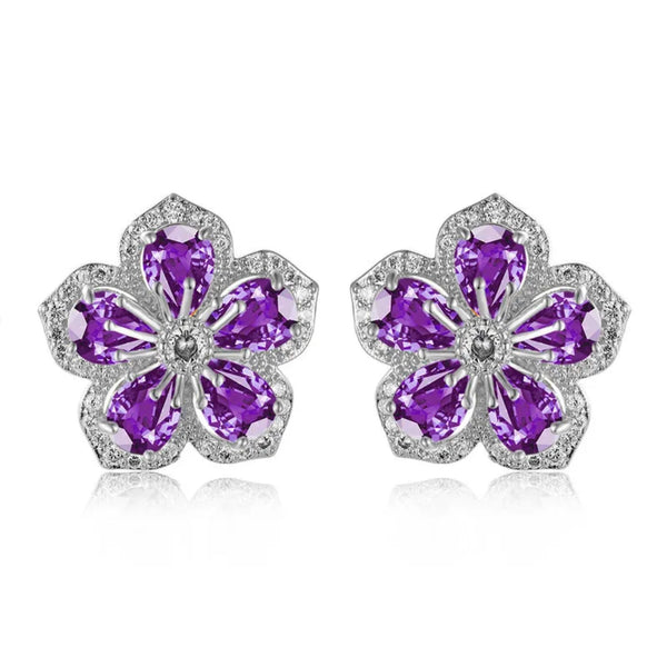 Silver-Tone Purple Crystal Five-Petal Flower Stud Earrings