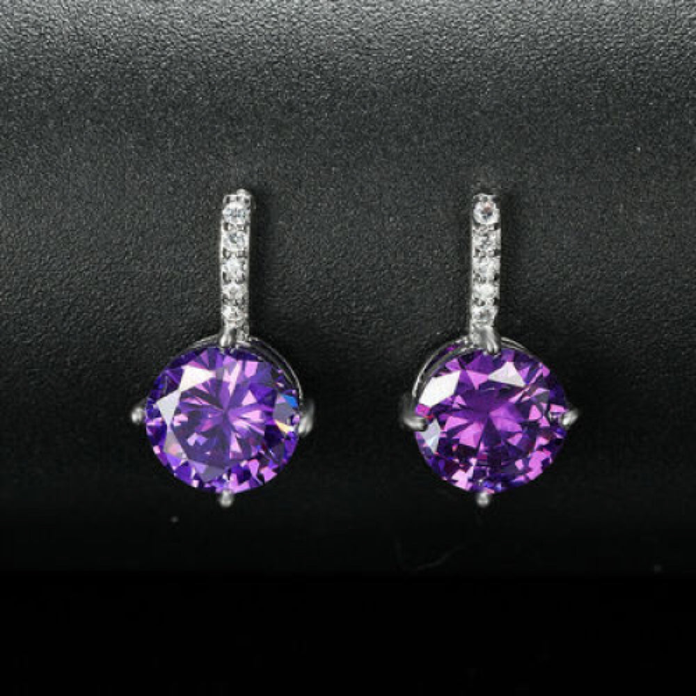Silver-Tone Round Purple Crystal Pave Bar Stud Earrings