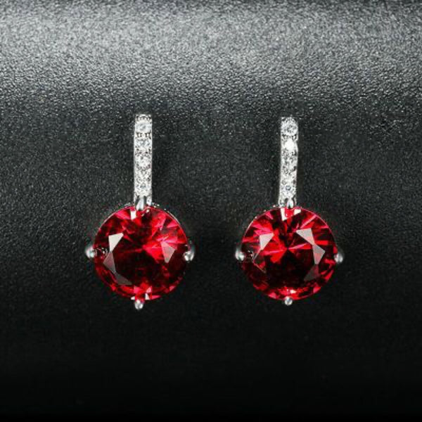 Silver-Tone Round Red Crystal Stud Earrings with White Pave Bar