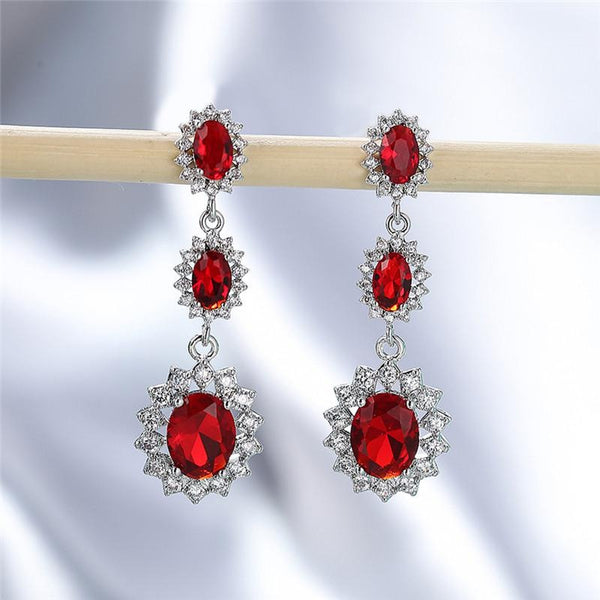 Silver-Tone Long Red Crystal Drop Earrings