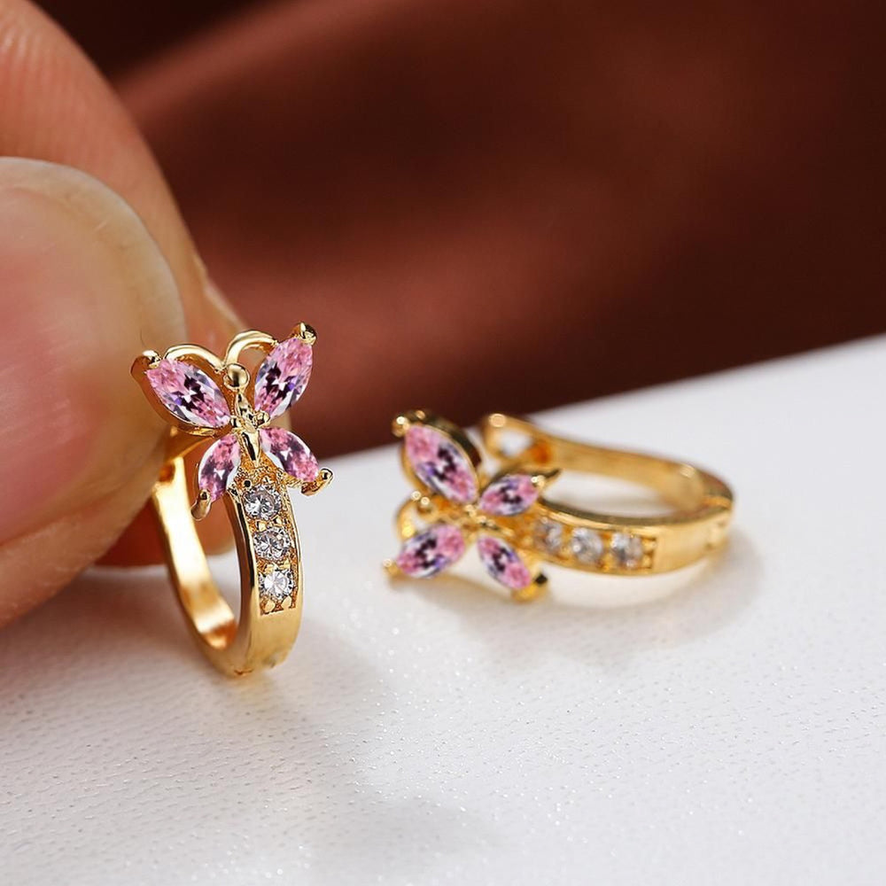 Gold-Tone Pink Crystal Marquise Butterfly Huggie Hoop Earrings