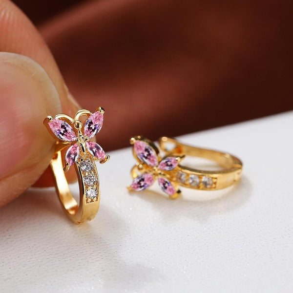 Gold-Tone Pink Crystal Marquise Butterfly Huggie Hoop Earrings