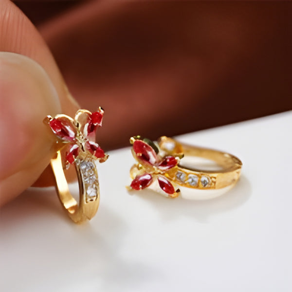 Gold-Tone Red Crystal Butterfly Huggie Hoop Earrings