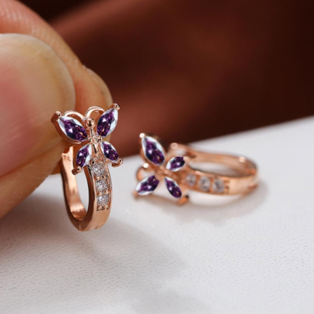 Rose Gold-Tone Purple Crystal Butterfly Huggie Earrings
