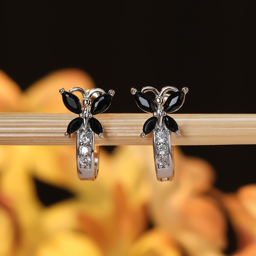 Silver-Tone Black Crystal Butterfly Huggie Earrings