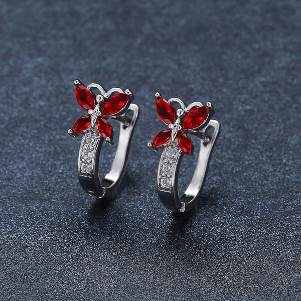 Silver-Tone Red Crystal Marquise Butterfly Huggie Hoop Earrings