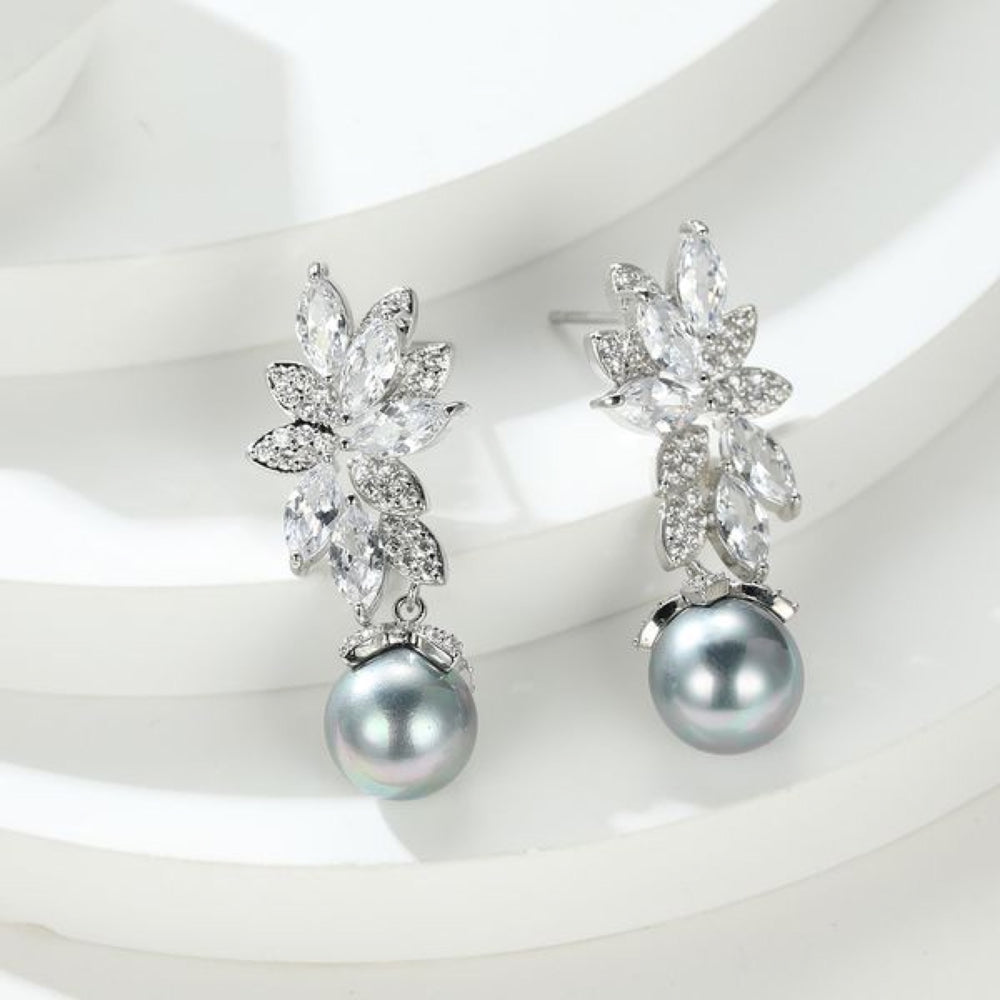 Silver-Tone Crystal Flower Gray Simulated Pearl Drop Earrings