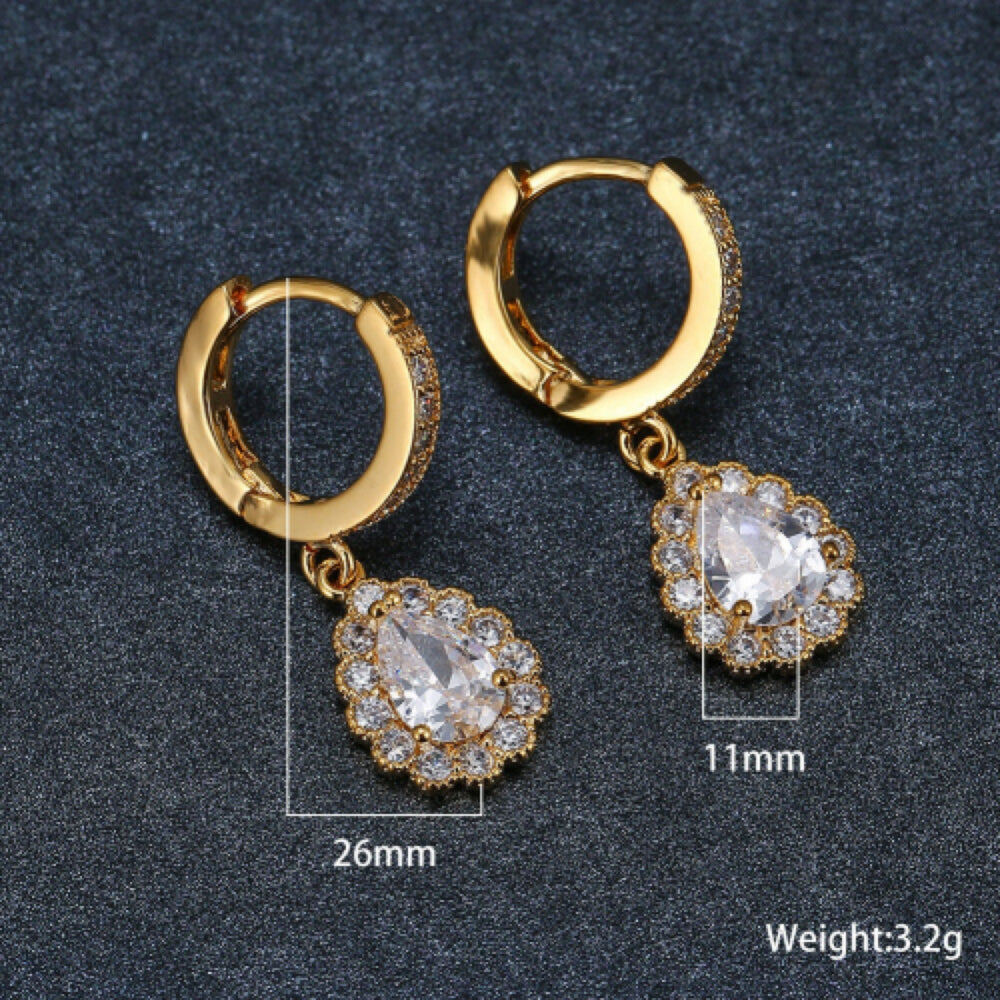 Gold-Tone White Crystal Teardrop Halo Drop Earrings