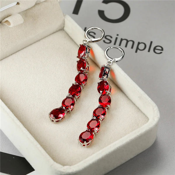 Silver-Tone Red Oval Crystal Graduated Drop Earrings
