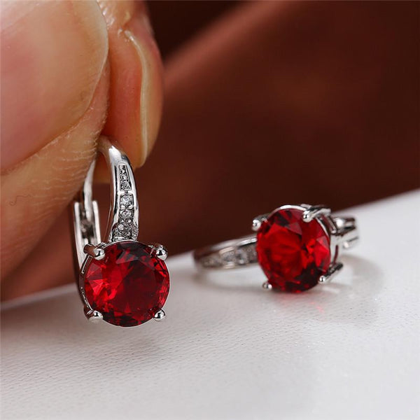 Silver-Tone Red Crystal Round Solitaire Huggie Earrings