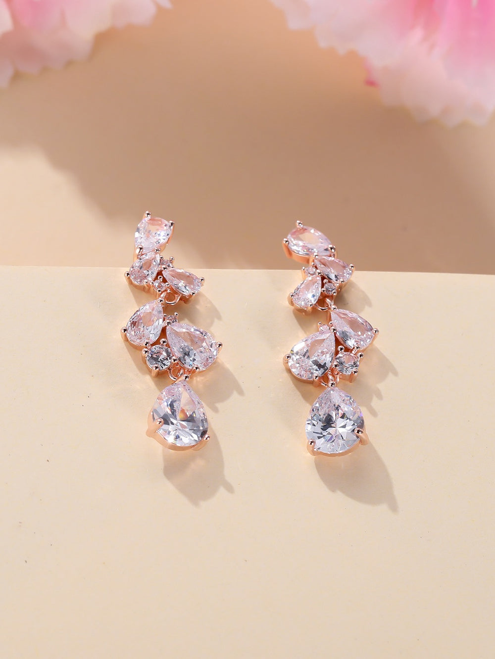Rose Gold-Tone White Crystal Floral Leaf Cascade Drop Earrings