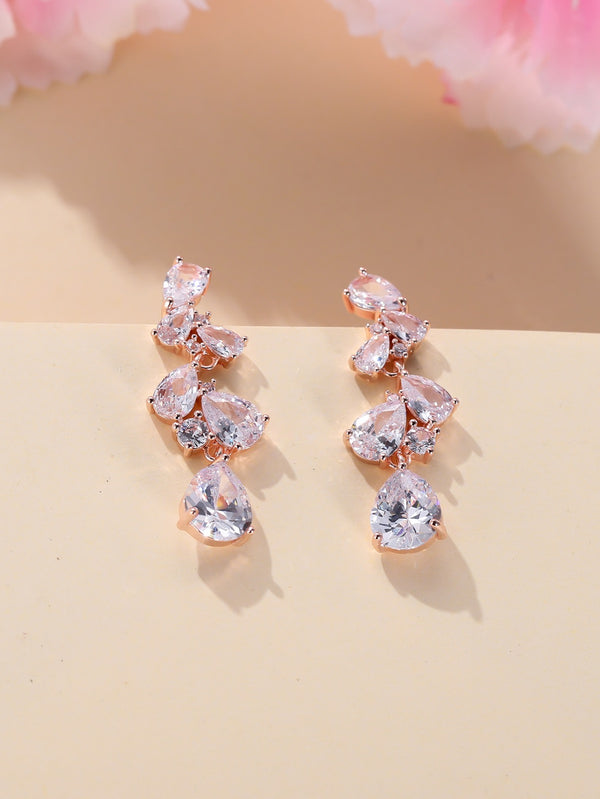 Rose Gold-Tone White Crystal Floral Leaf Cascade Drop Earrings