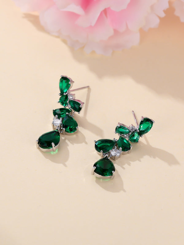 Silver-Tone Green Pear Crystal Petal Cluster Drop Earrings