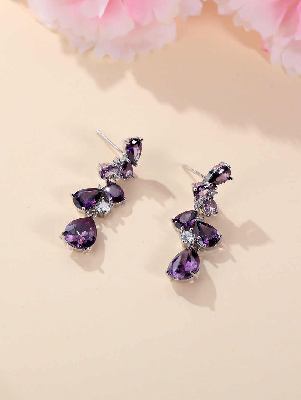 Silver-Tone Purple Crystal Petal Cluster Drop Earrings